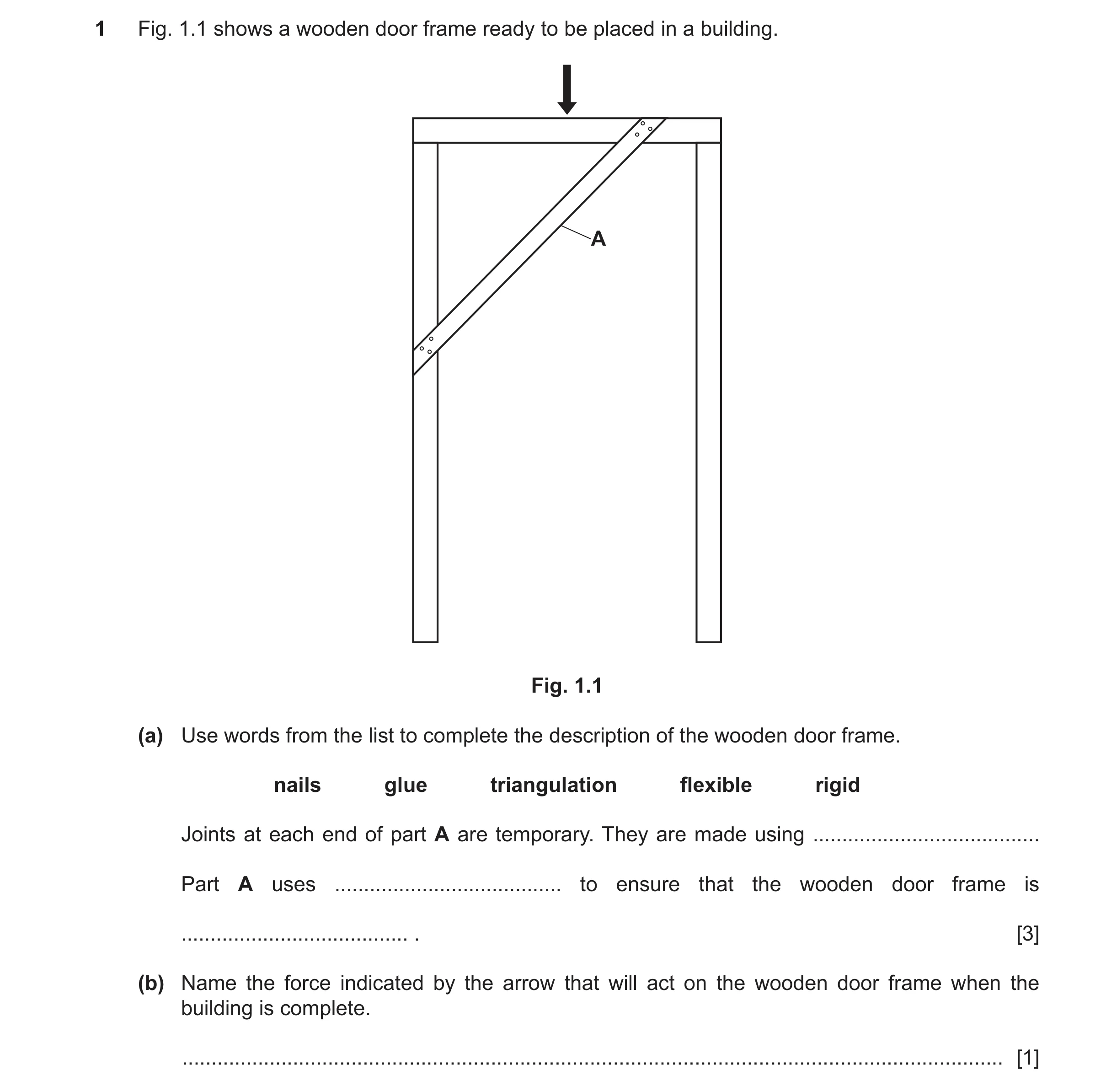 Question 142: Fig. 1.1 shows a wooden door frame ready to be placed in a building. A Fig. 1.1 (a) Use words from the list to complete the description of …