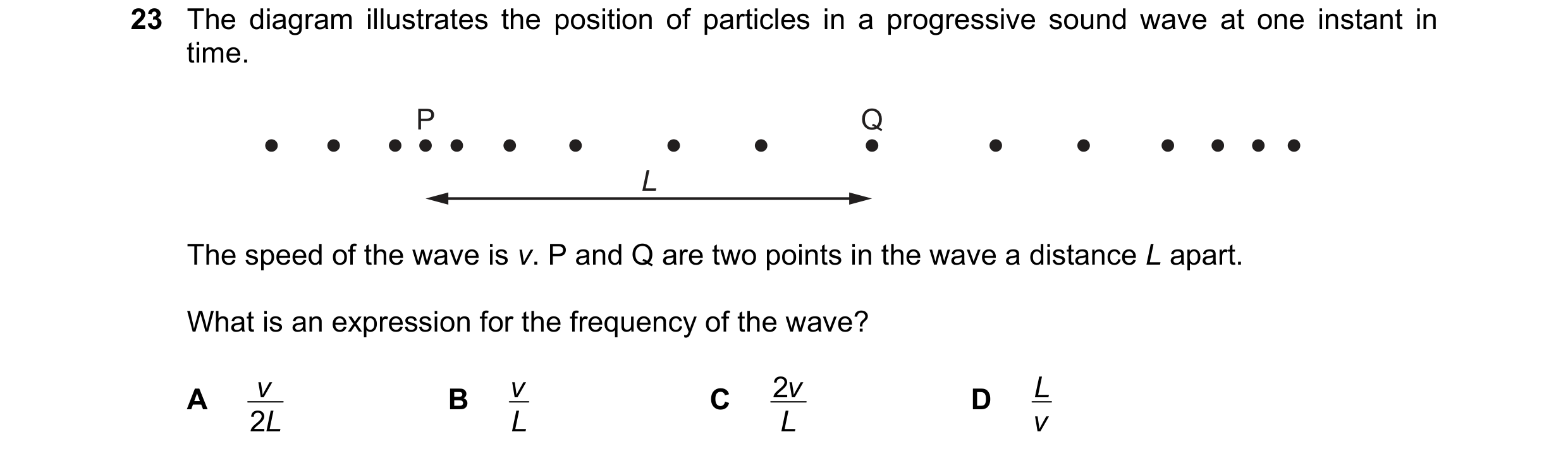 Question 104: The diagram illustrates the position of particles in a progressive sound wave at one instant in time. P Q L The speed of the wave is v. P a…
