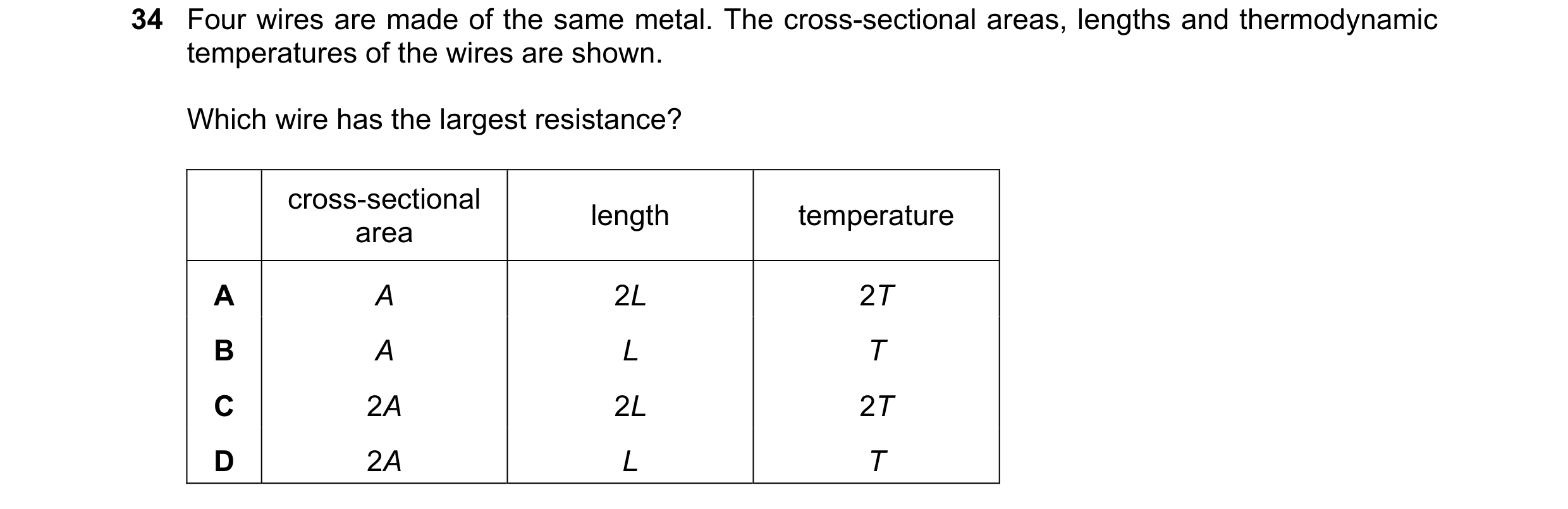 Question 109: Four wires are made of the same metal. The cross-sectional areas, lengths and thermodynamic temperatures of the wires are shown. Which wire…