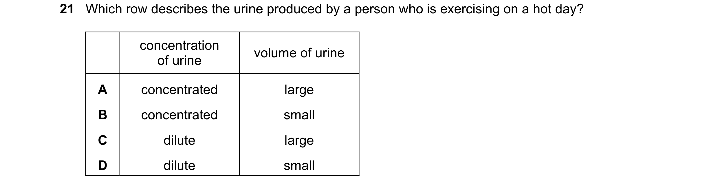 Question 3: Which row describes the urine produced by a person who is exercising on a hot day? concentration volume of urine of urine A concentrated la…