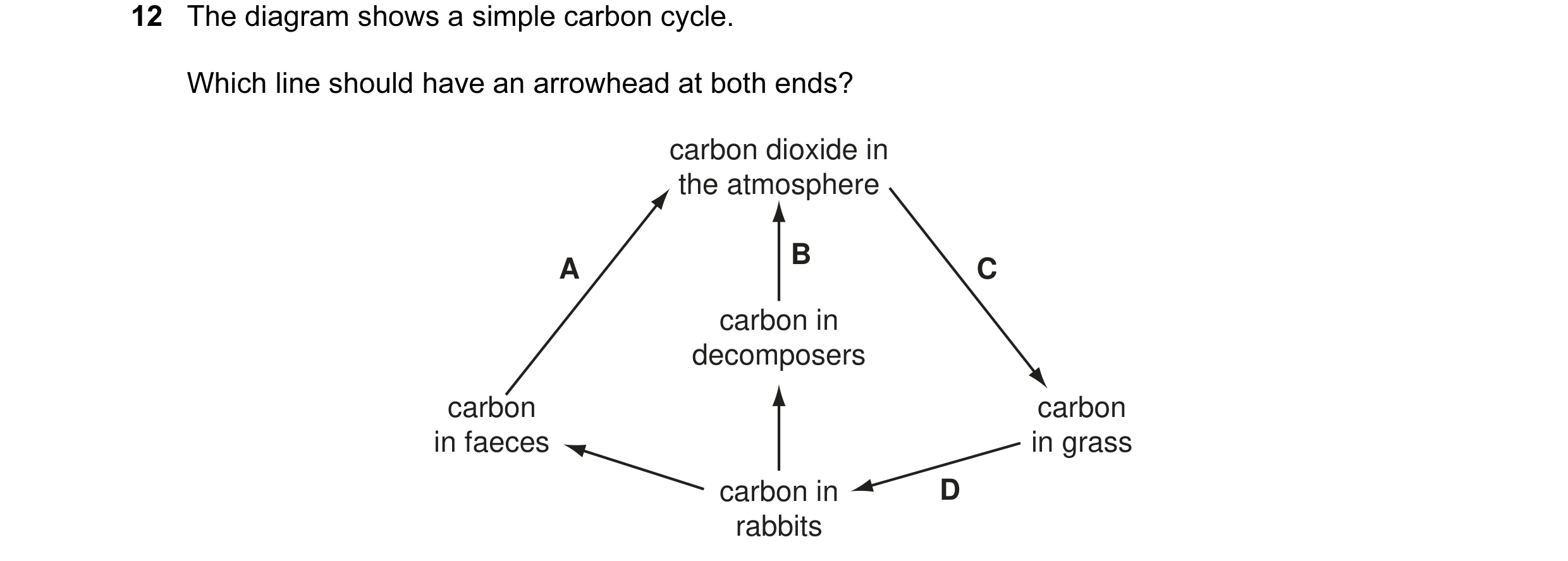 Question 8: The diagram shows a simple carbon cycle. Which line should have an arrowhead at both ends? carbon dioxide in the atmosphere B A C carbon in…