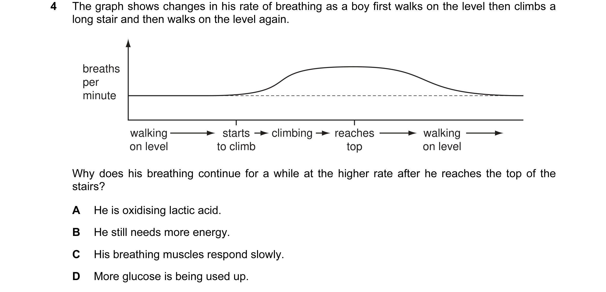 Question 11: The graph shows changes in his rate of breathing as a boy first walks on the level then climbs a long stair and then walks on the level aga…