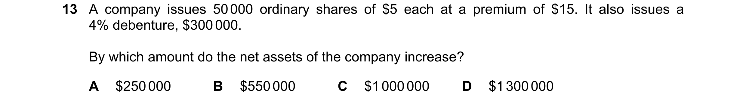 Question 29: A company issues 50 000 ordinary shares of $5 each at a premium of $15. It also issues a 4% debenture, $300 000. By which amount do the net…