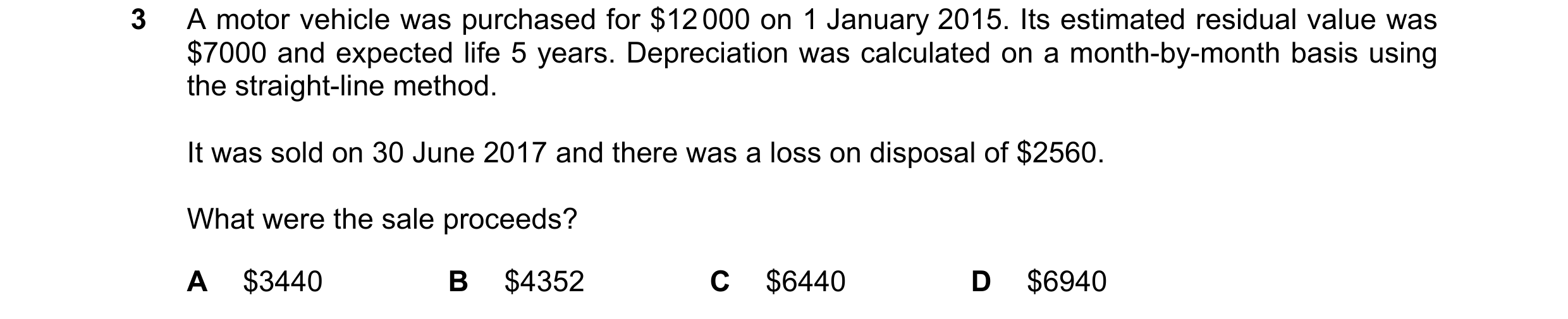 Question 145: A motor vehicle was purchased for $12 000 on 1 January 2015. Its estimated residual value was $7000 and expected life 5 years. Depreciation…