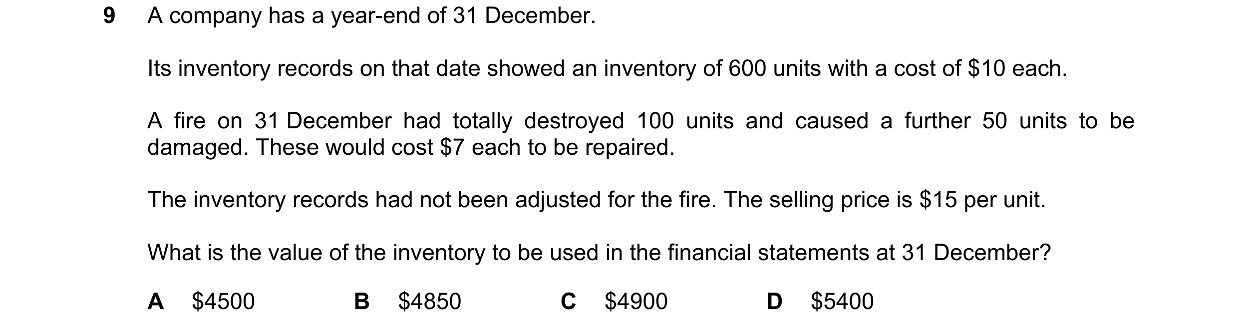 Question 568: A company has a year-end of 31 December. Its inventory records on that date showed an inventory of 600 units with a cost of $10 each. A fir…