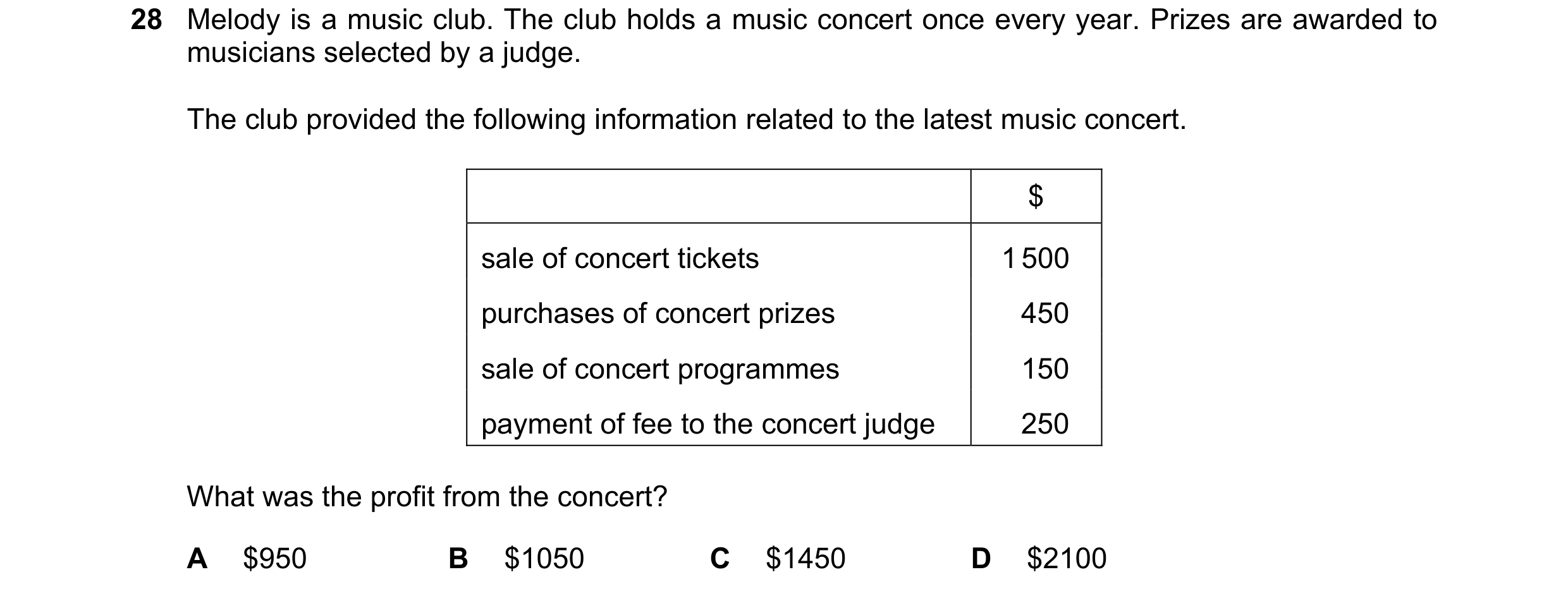 Question 14: Melody is a music club. The club holds a music concert once every year. Prizes are awarded to musicians selected by a judge. The club provi…