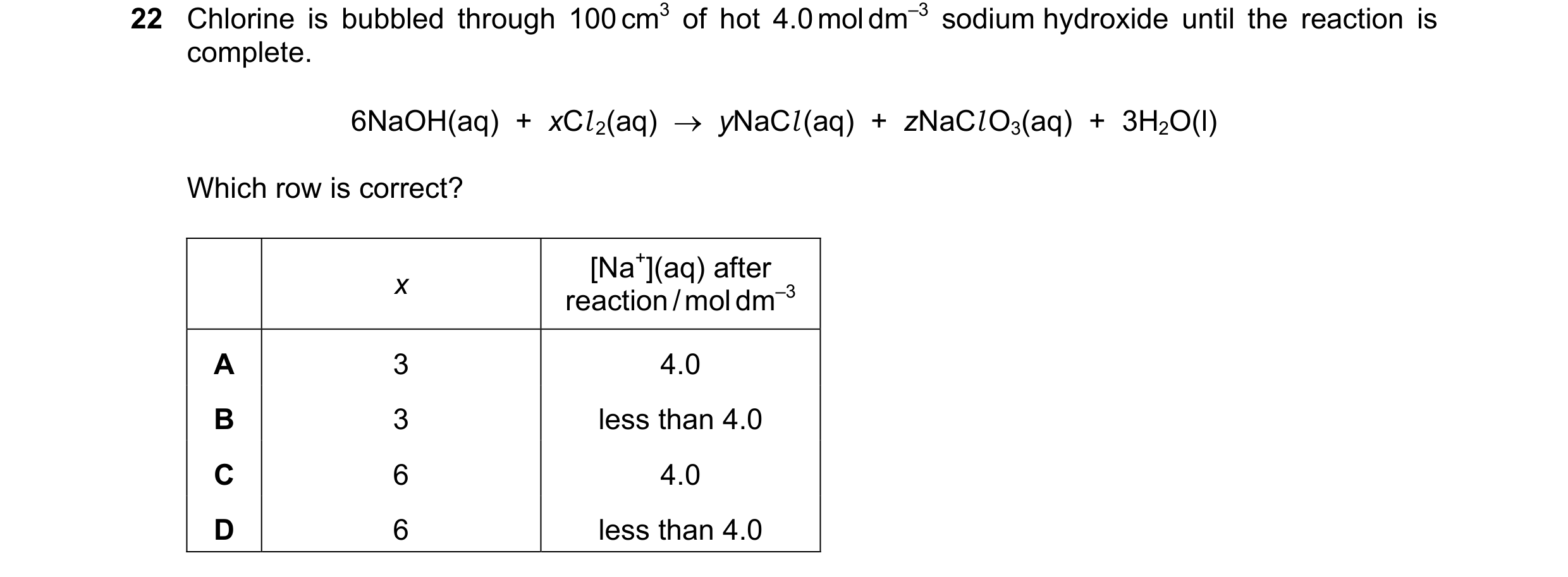 Question 231: Chlorine is bubbled through 100 cm3 of hot 4.0 mol dm–3 sodium hydroxide until the reaction is complete. 6NaOH(aq)  +  xCl 2(aq)  →  yNaCl …