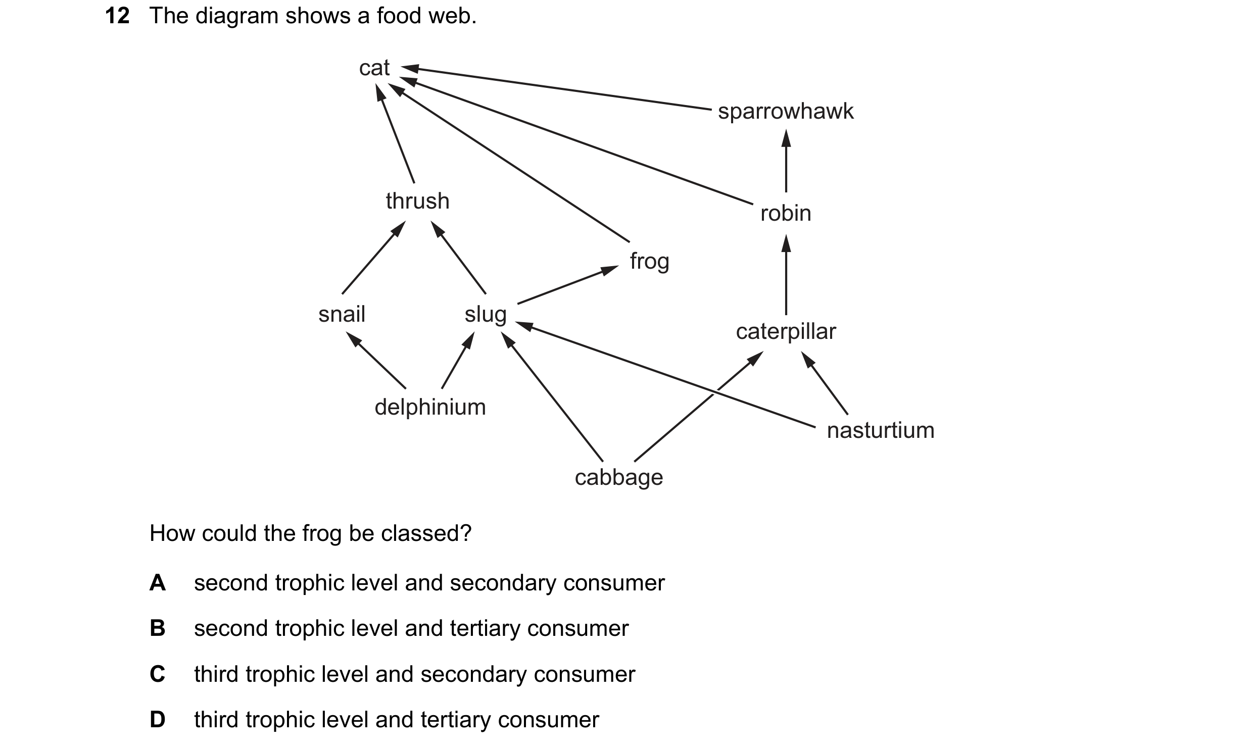 Question 16: The diagram shows a food web. cat sparrowhawk thrush robin frog snail slug caterpillar delphinium nasturtium cabbage How could the frog be …