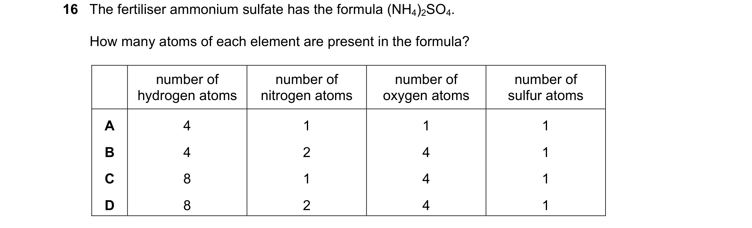 Question 13: The fertiliser ammonium sulfate has the formula (NH4)2SO4. How many atoms of each element are present in the formula? number of number of n…