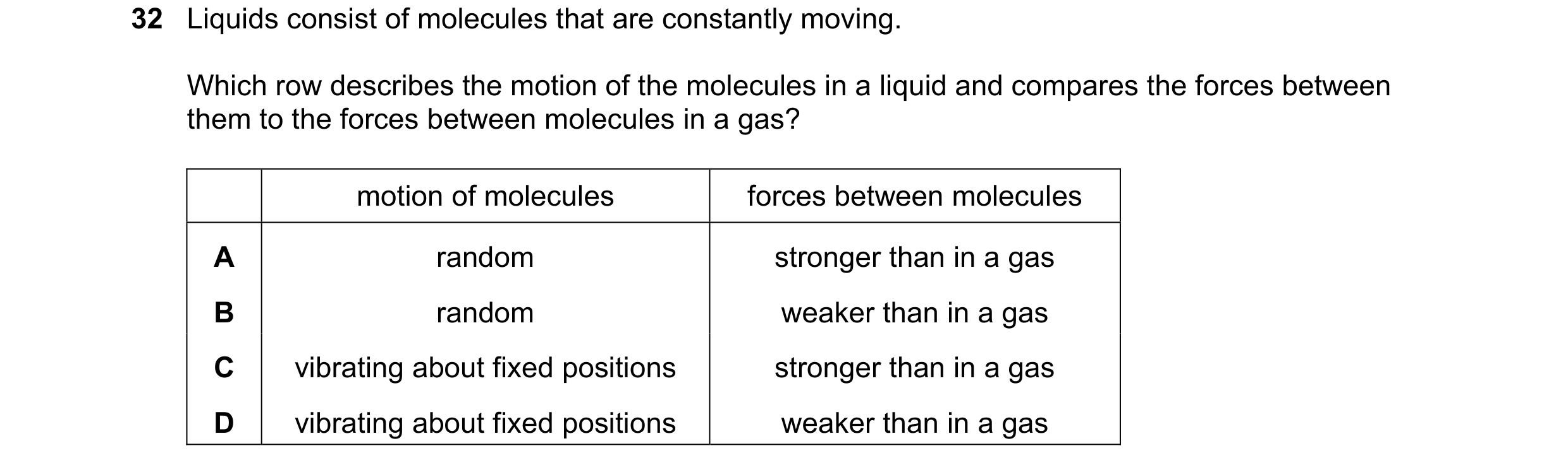 Question 17: Liquids consist of molecules that are constantly moving. Which row describes the motion of the molecules in a liquid and compares the force…