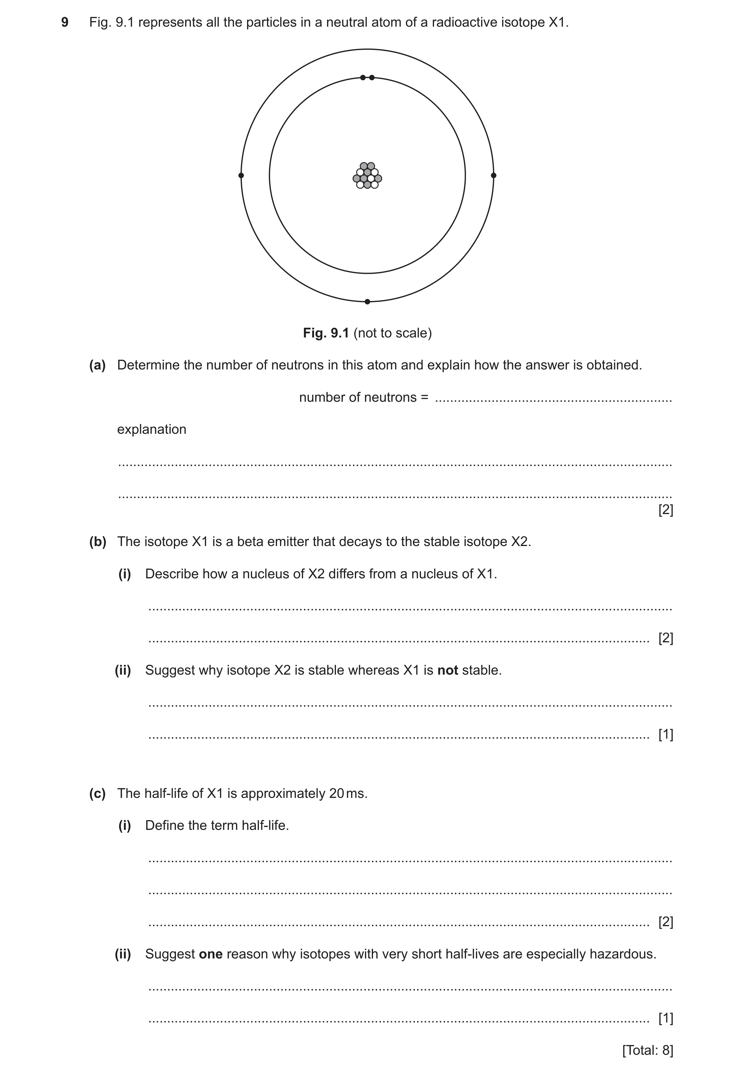 Question 24: Fig. 9.1 represents all the particles in a neutral atom of a radioactive isotope X1. Fig. 9.1 (not to scale) (a) Determine the number of ne…
