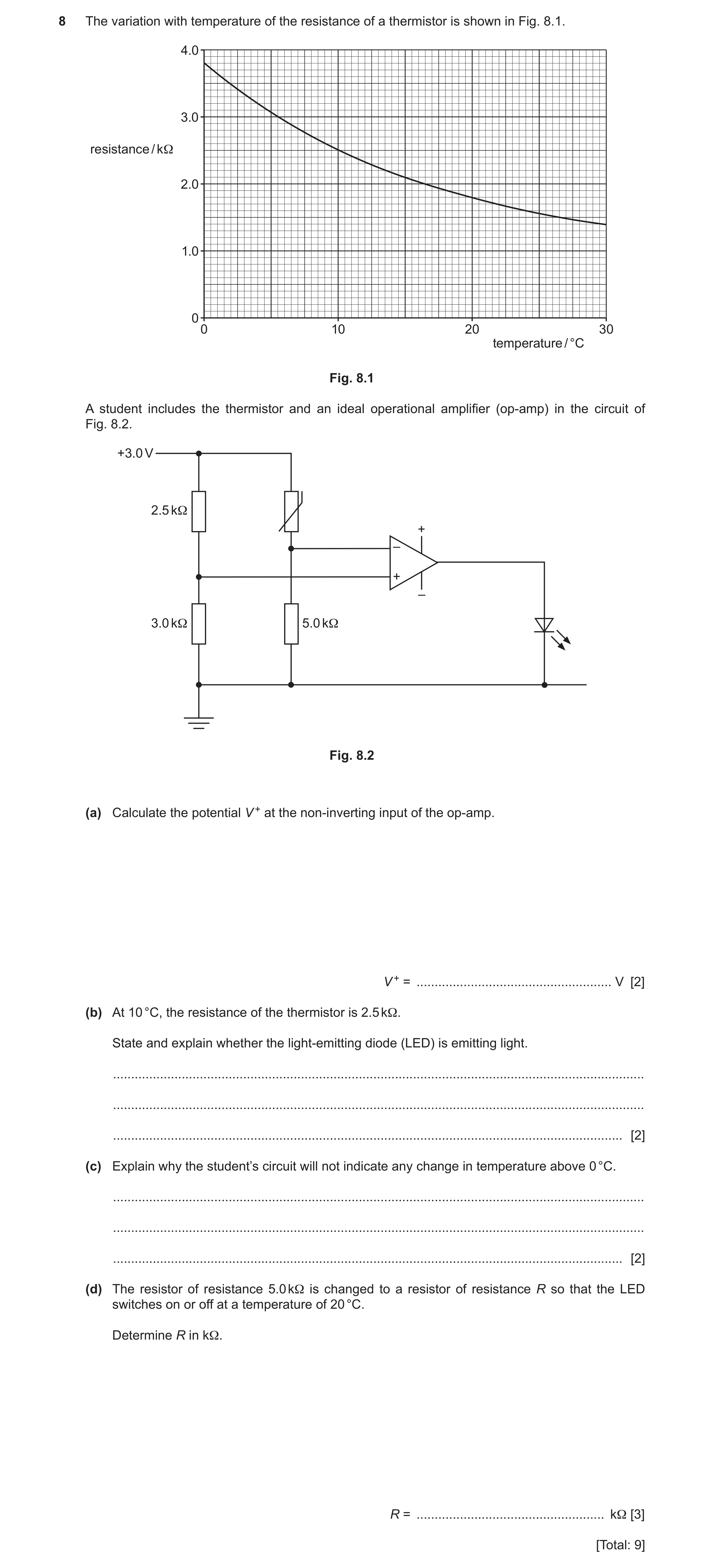 Question 15: The variation with temperature of the resistance of a thermistor is shown in Fig. 8.1. 4.0 3.0 resistance / kΩ 2.0 1.0 0 0 10 20 30 tempera…