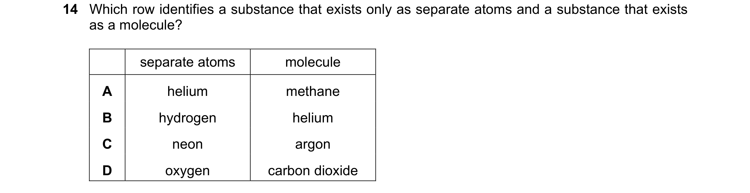 Question 54: Which row identifies a substance that exists only as separate atoms and a substance that exists as a molecule? separate atoms molecule A he…