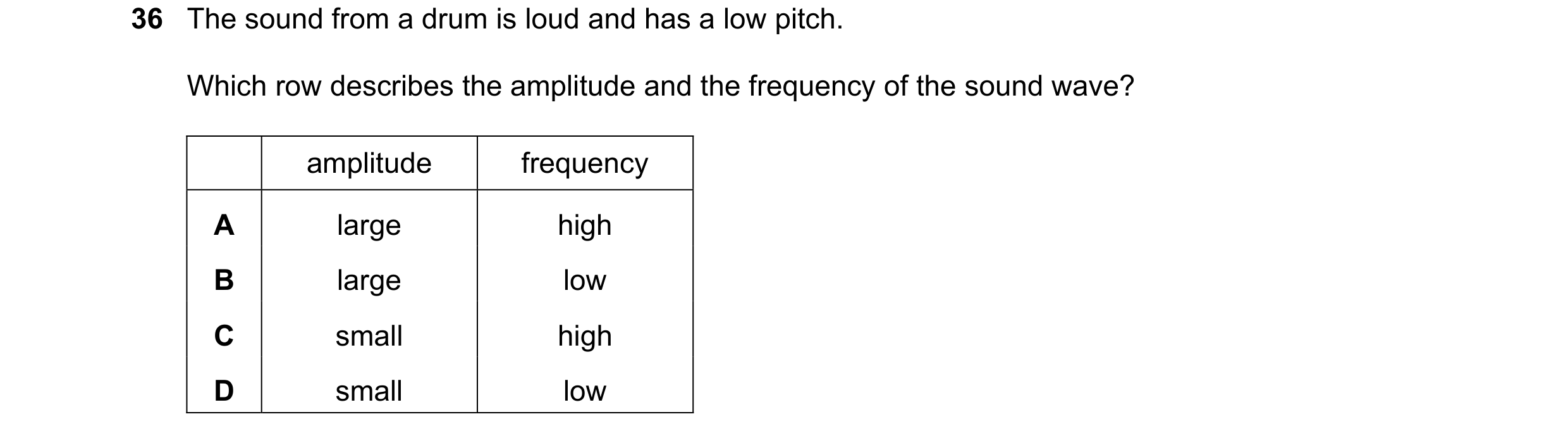 Question 63: The sound from a drum is loud and has a low pitch. Which row describes the amplitude and the frequency of the sound wave? amplitude frequen…