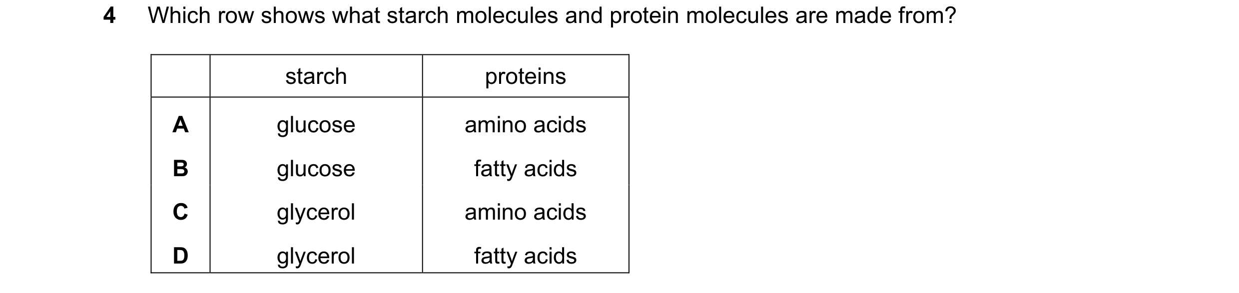 Question 47: Which row shows what starch molecules and protein molecules are made from? starch proteins A glucose amino acids B glucose fatty acids C gl…