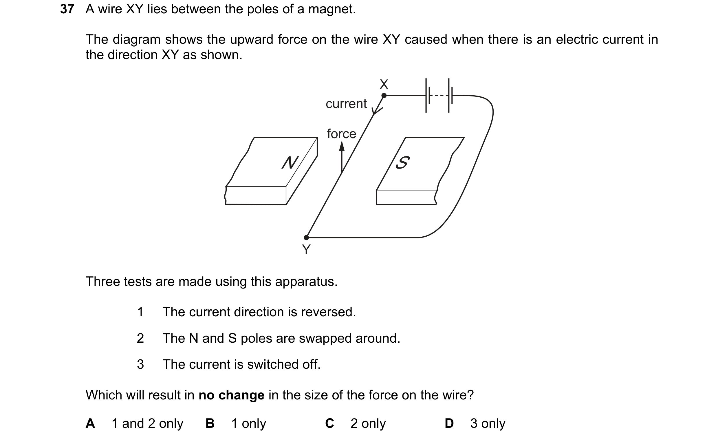 Question 190: A wire XY lies between the poles of a magnet. The diagram shows the upward force on the wire XY caused when there is an electric current in…