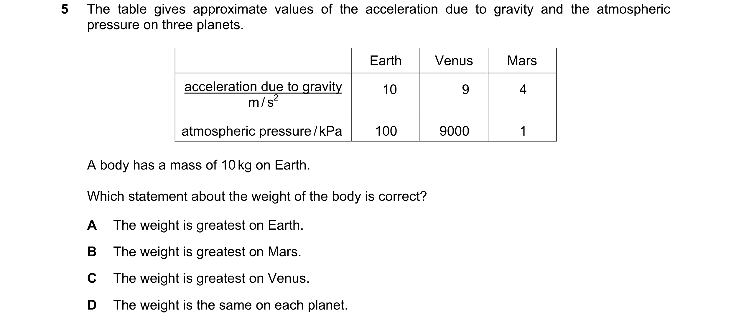 Question 115: The table gives approximate values of the acceleration due to gravity and the atmospheric pressure on three planets. Earth Venus Mars accel…