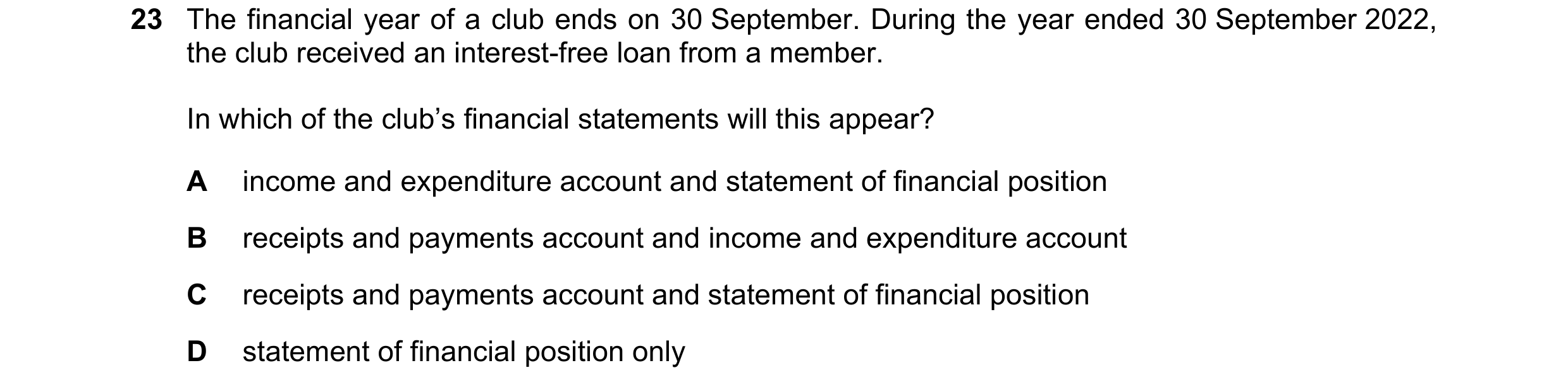 Question 10: The financial year of a club ends on 30 September. During the year ended 30 September 2022, the club received an interest-free loan from a …