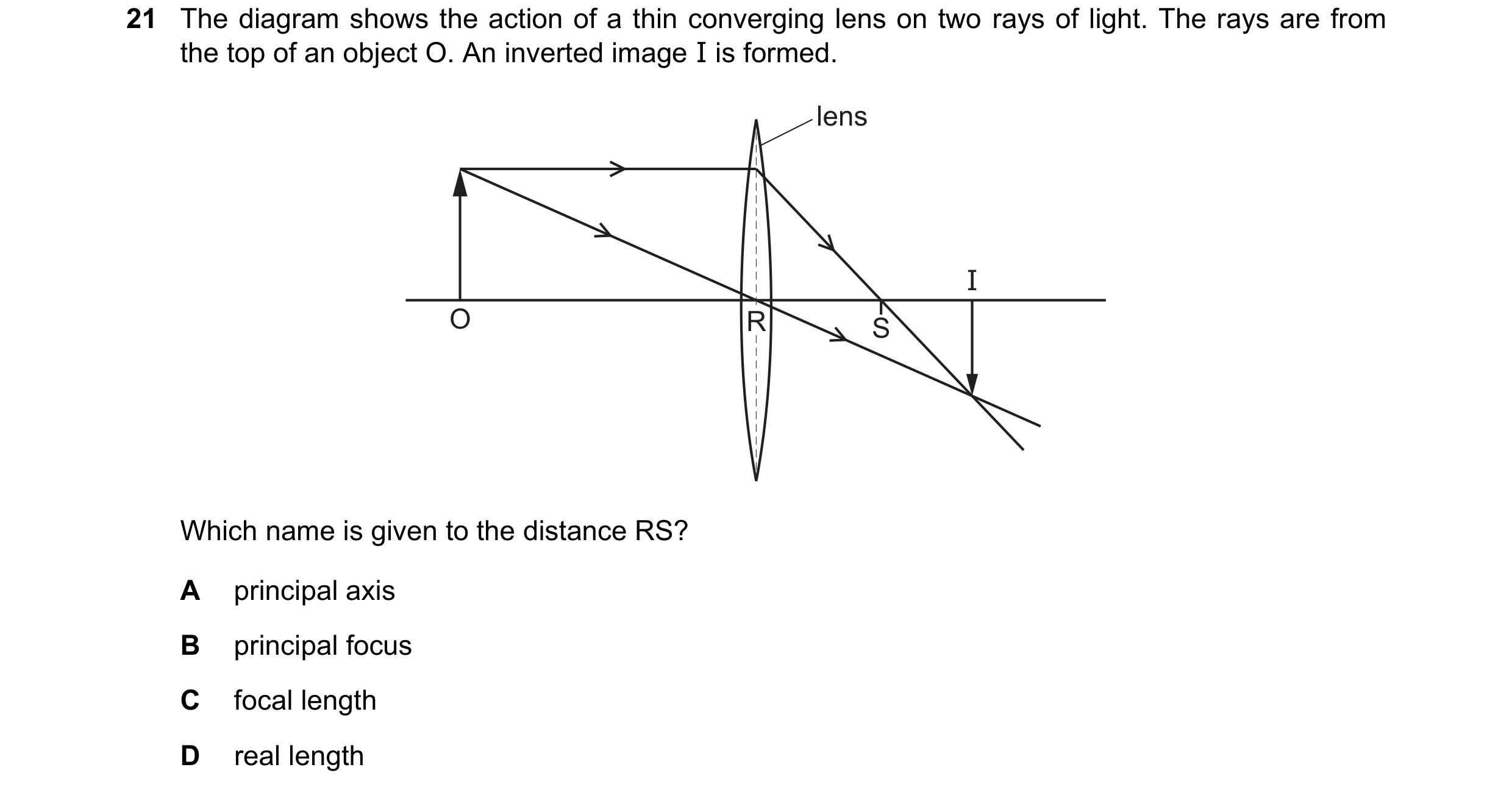 Question 199: The diagram shows the action of a thin converging lens on two rays of light. The rays are from the top of an object O. An inverted image I …