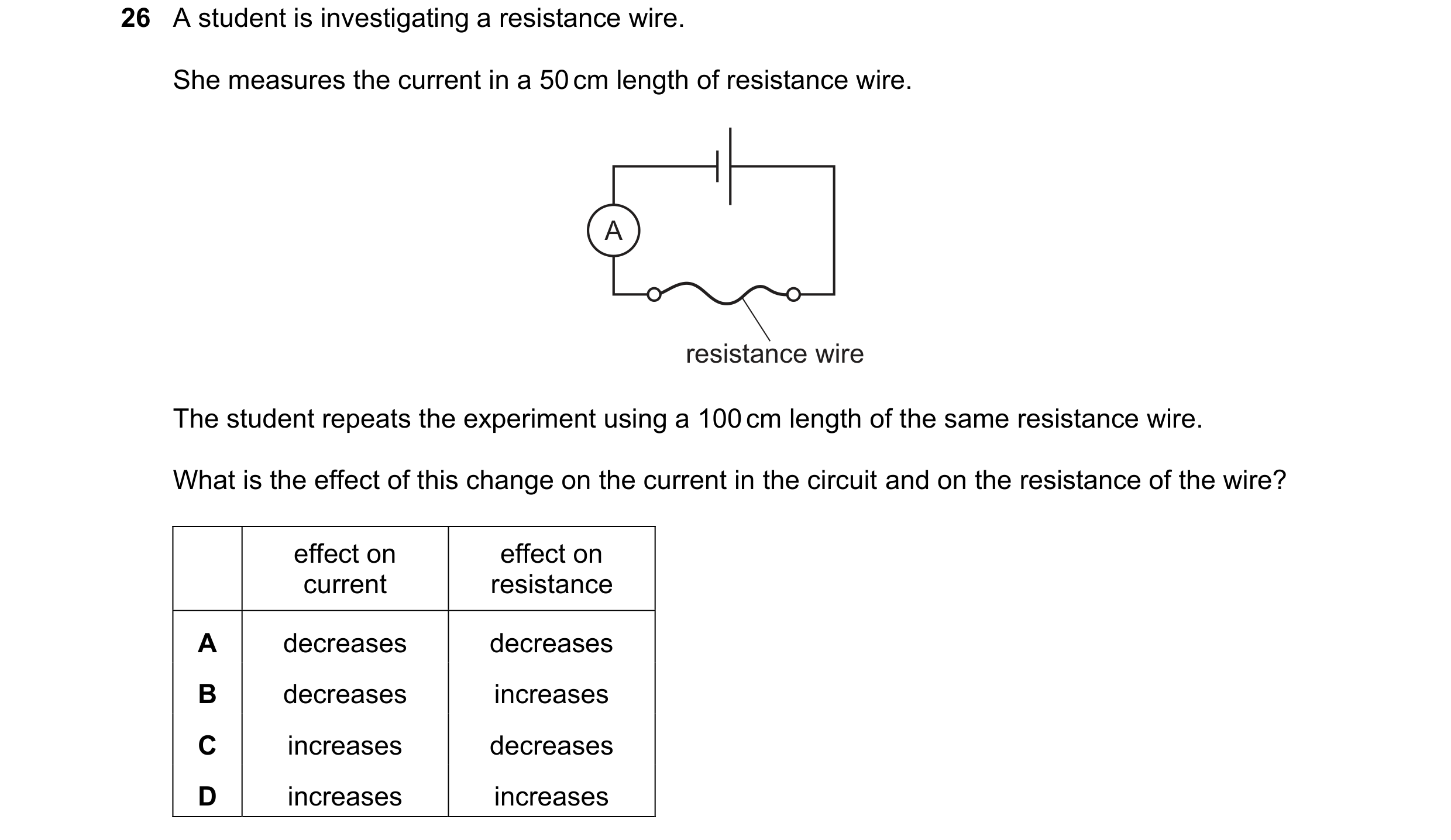 Question 325: A student is investigating a resistance wire. She measures the current in a 50 cm length of resistance wire. A resistance wire The student …