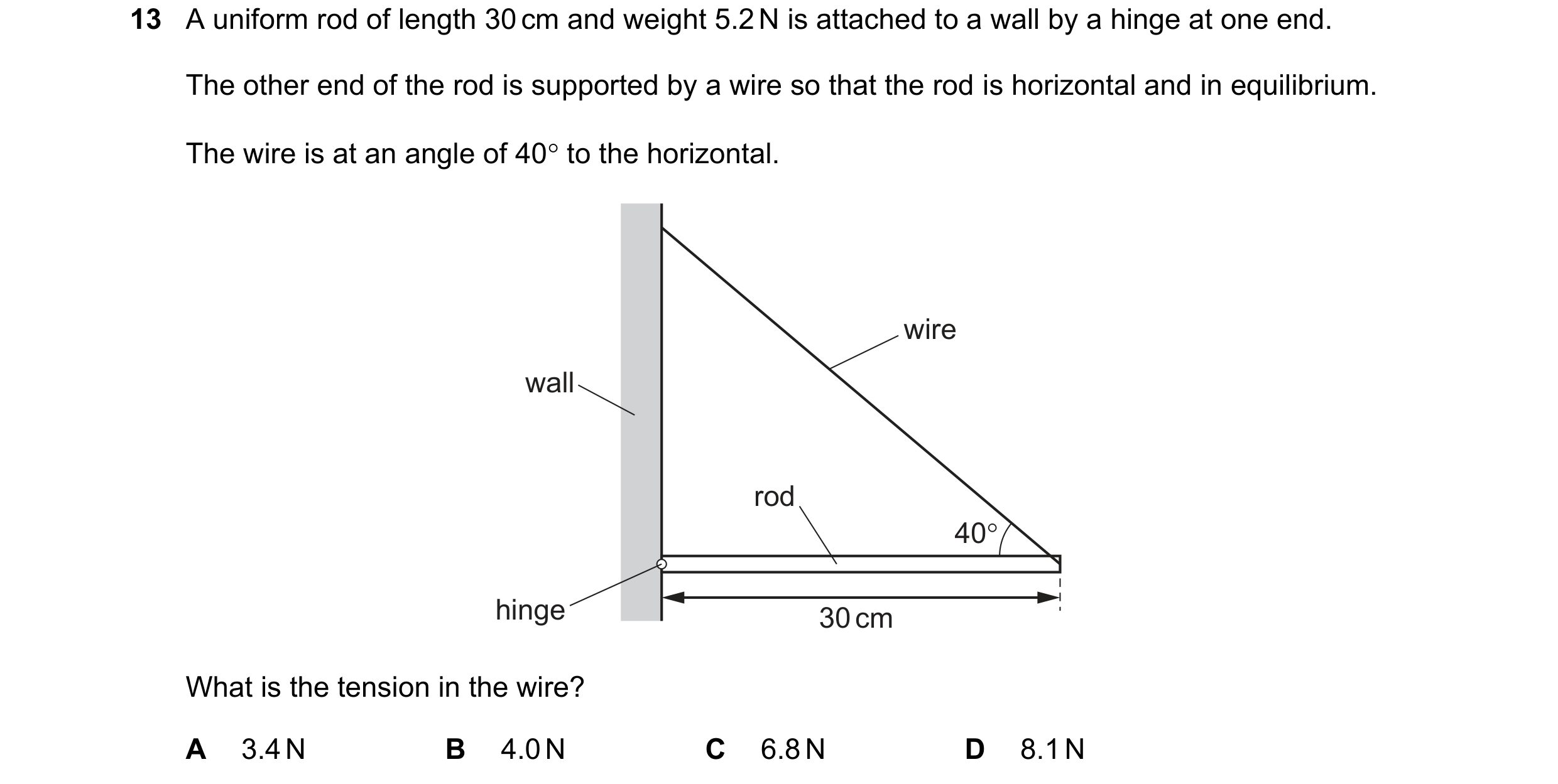 Question 132: Auniform rod of length 30cm and weight 5.2 N is attached to a wall by a hinge at one end.
The other end of the rod is supported by a wire s…