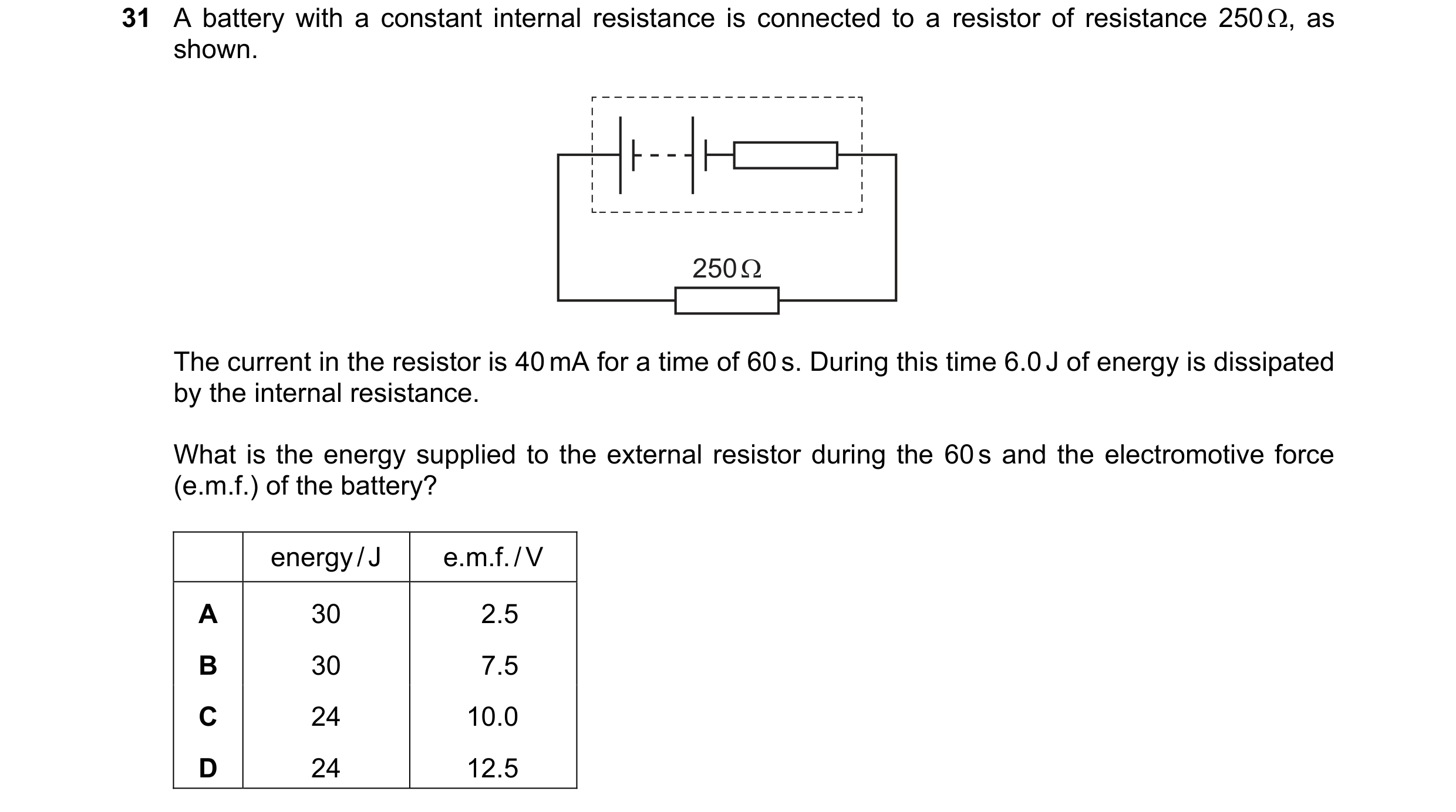 Question 184: A battery with a constant internal resistance is connected to a resistor of resistance 250Q, as
shown.

The current in the resistor is 40 m…