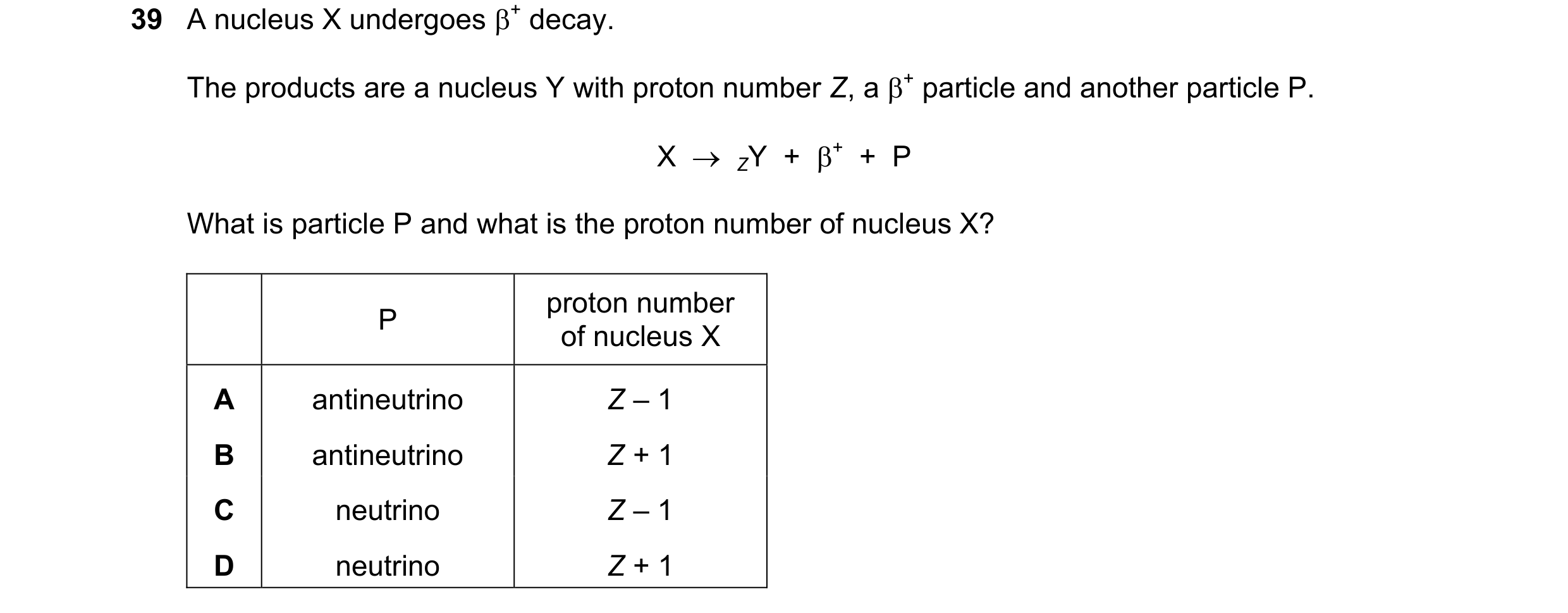 Question 65: A nucleus X undergoes + decay. The products are a nucleus Y with proton number Z, a + particle and another particle P. X ZY + + +…