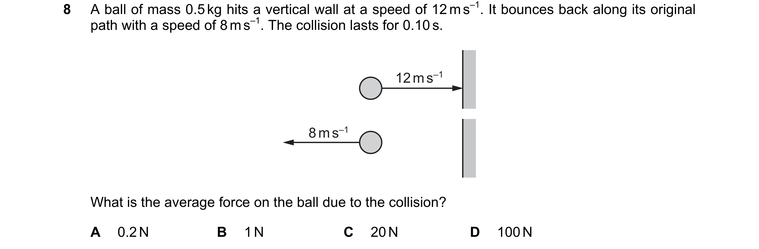 Question 165: A ball of mass 0.5 kg hits a vertical wall at a speed of 12 m s–1. It bounces back along its original path with a speed of 8 m s–1. The col…