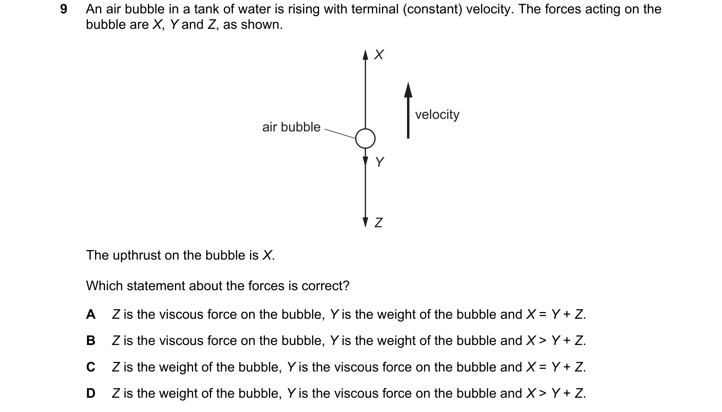 Question 131: An air bubble in a tank of water is rising with terminal (constant) velocity. The forces acting on the bubble are X, Y and Z, as shown. X v…