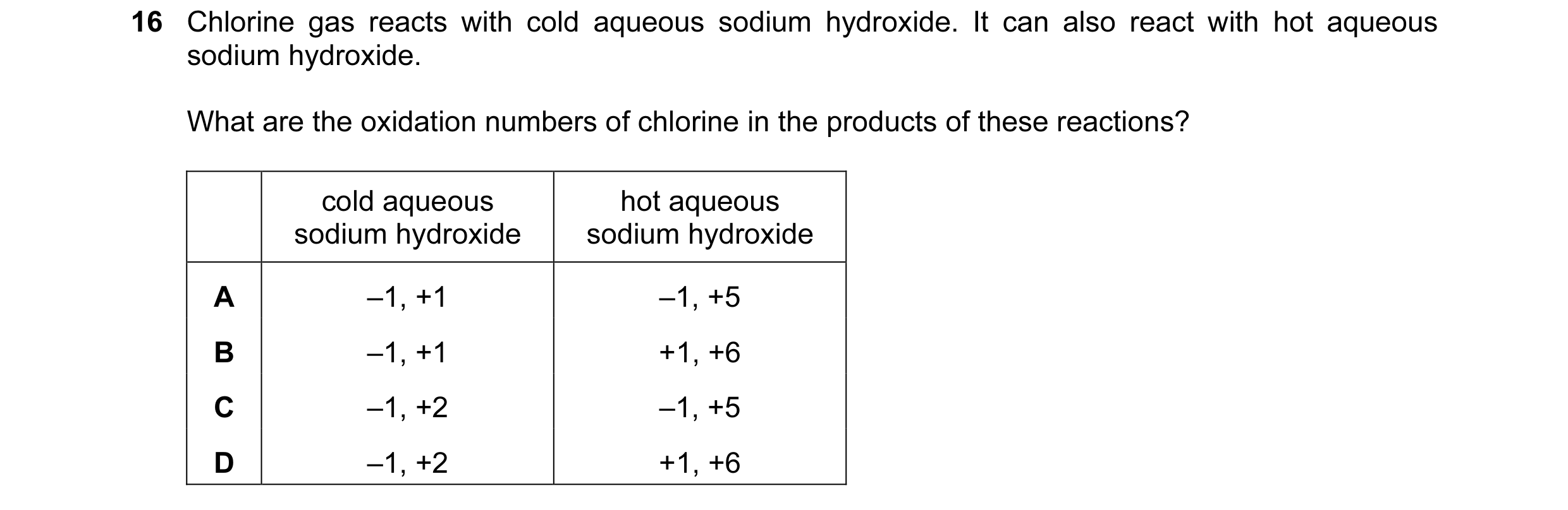 Question 131: Chlorine gas reacts with cold aqueous sodium hydroxide. It can also react with hot aqueous sodium hydroxide. What are the oxidation numbers…
