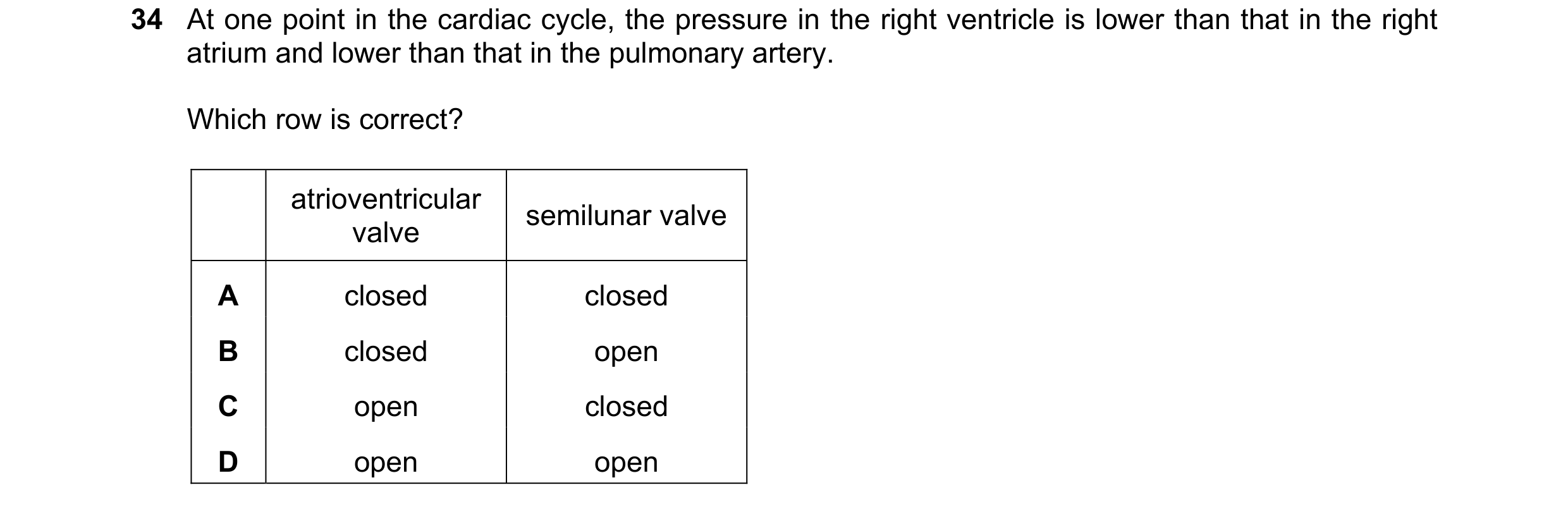 Question 121: At one point in the cardiac cycle, the pressure in the right ventricle is lower than that in the right atrium and lower than that in the pu…