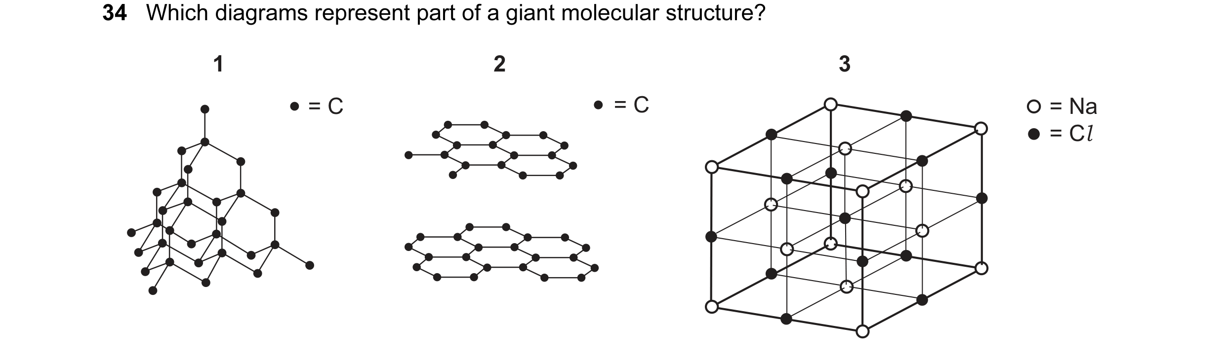 Question 29: Which diagrams represent part of a giant molecular structure? 1 2 3 = C = C = Na = Cl