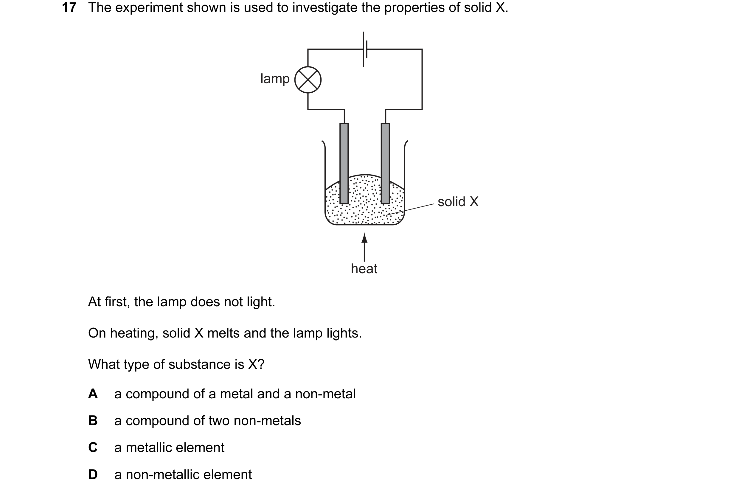 Question 11: The experiment shown is used to investigate the properties of solid X. lamp solid X heat At first, the lamp does not light. On heating, sol…