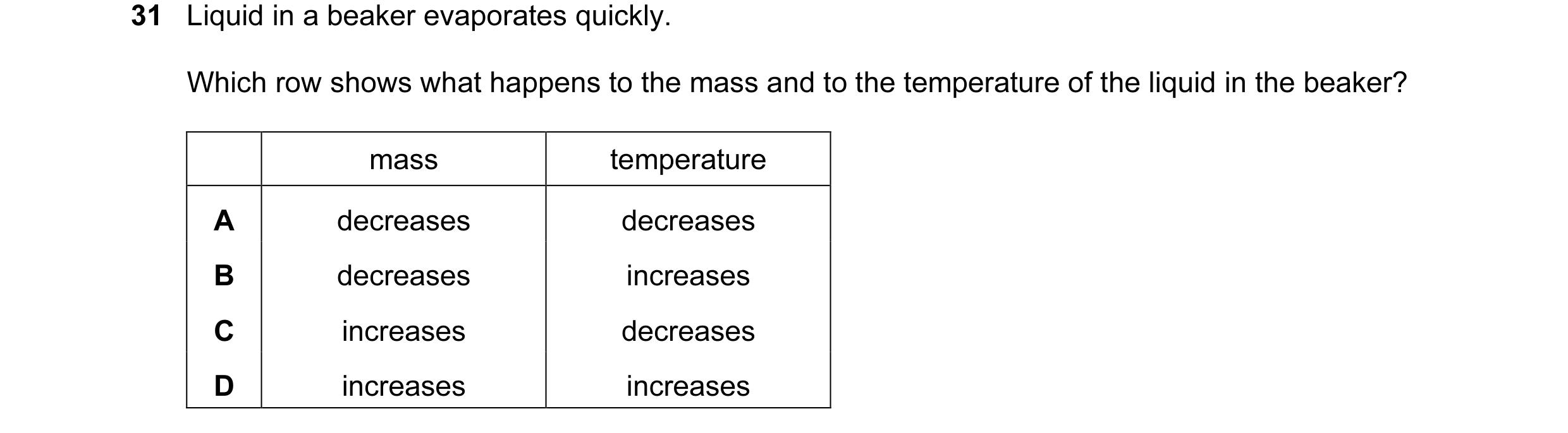 Question 19: Liquid in a beaker evaporates quickly. Which row shows what happens to the mass and to the temperature of the liquid in the beaker? mass te…