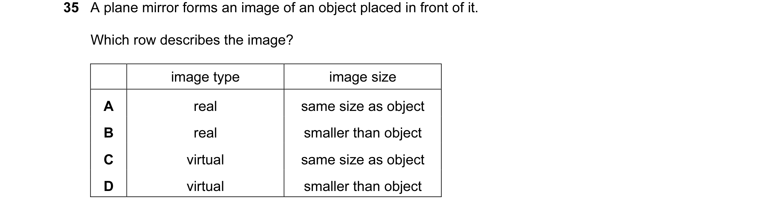 Question 26: A plane mirror forms an image of an object placed in front of it. Which row describes the image? image type image size A real same size as …