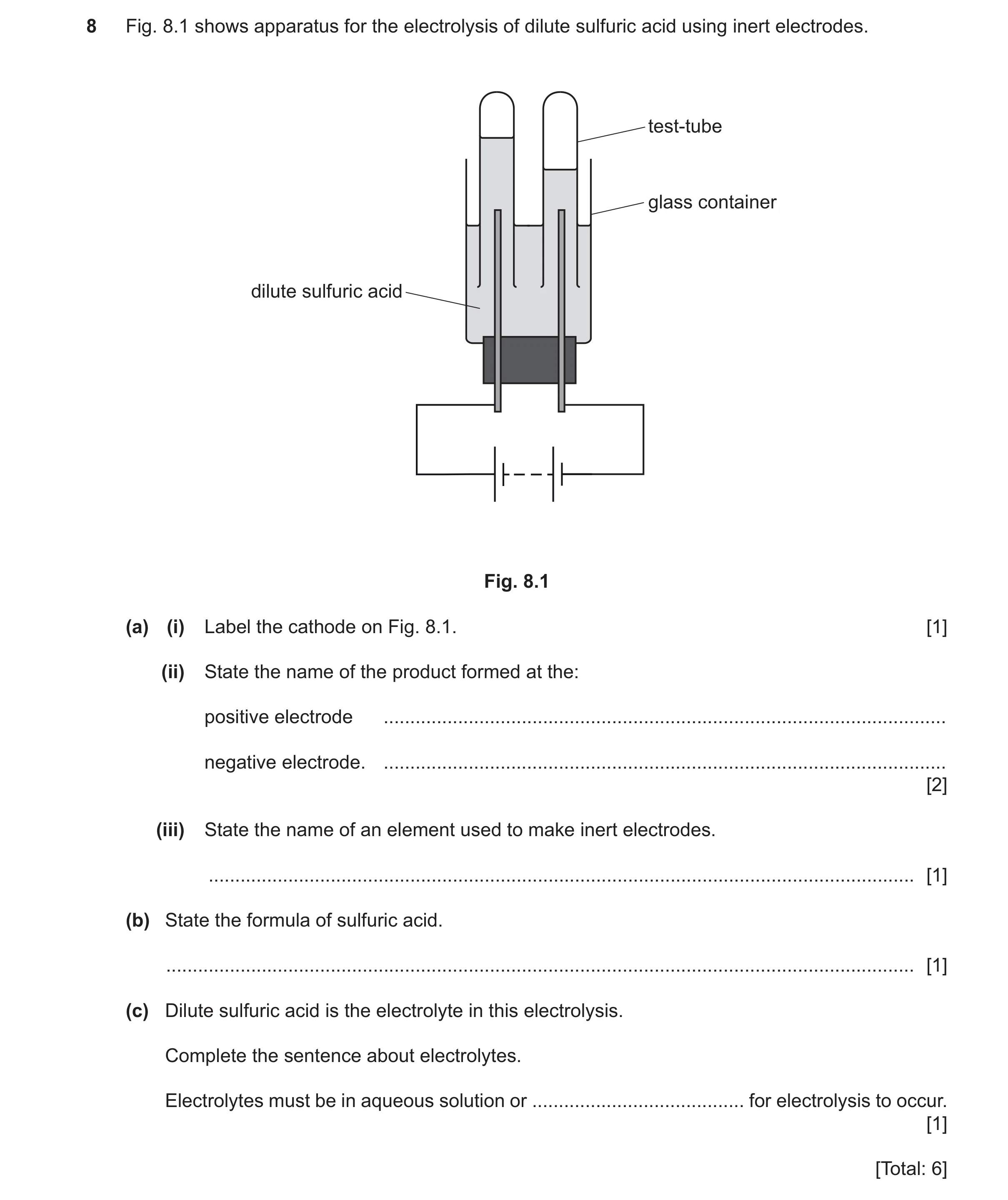Question 24: Fig. 8.1 shows apparatus for the electrolysis of dilute sulfuric acid using inert electrodes. test-tube glass container dilute sulfuric aci…