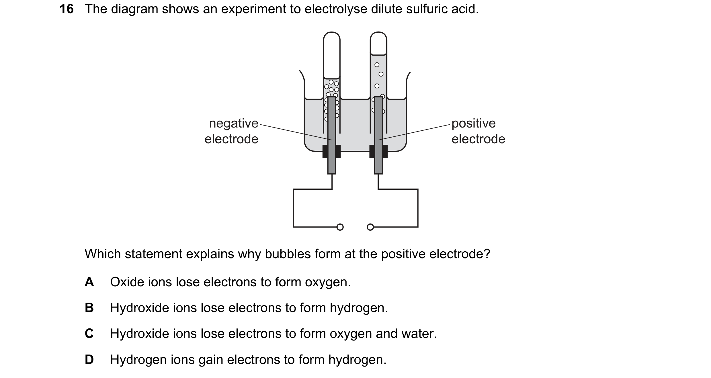 Question 36: The diagram shows an experiment to electrolyse dilute sulfuric acid. negative positive electrode electrode Which statement explains why bub…
