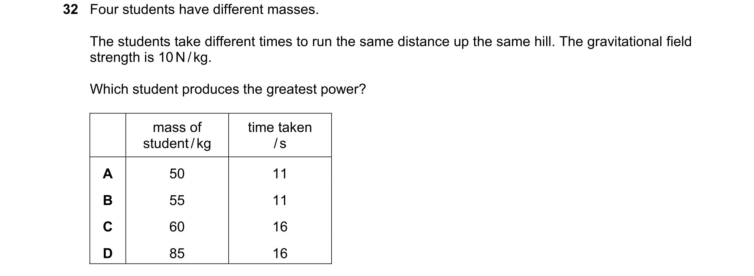 Question 72: Four students have different masses. The students take different times to run the same distance up the same hill. The gravitational field s…
