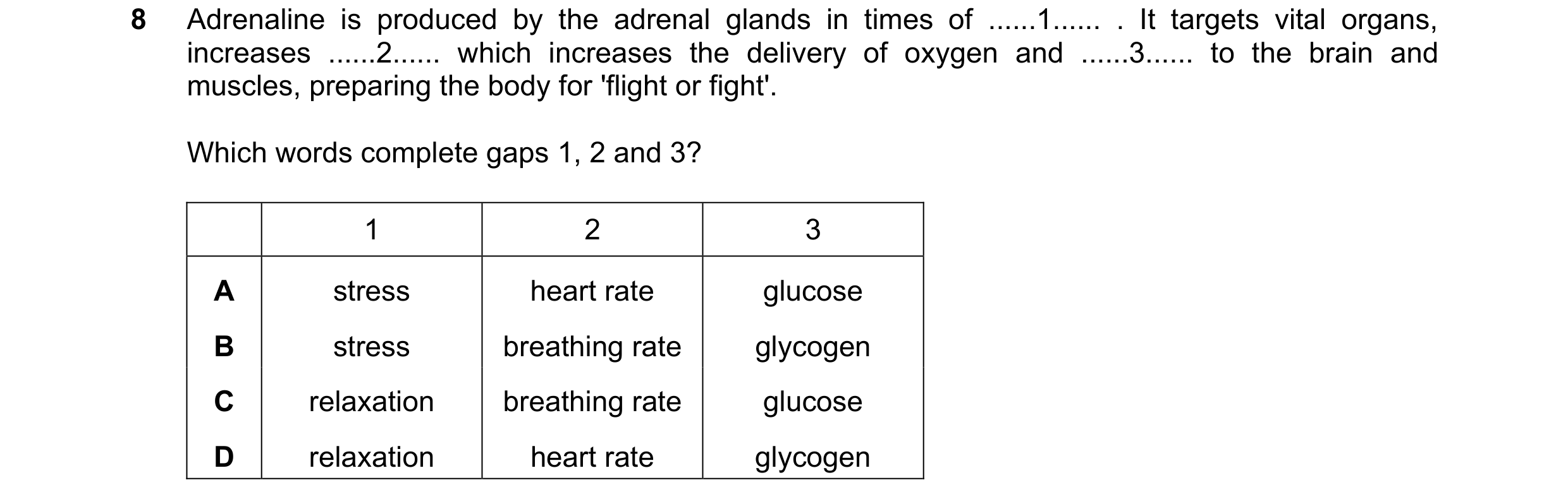 Question 19: Adrenaline is produced by the adrenal glands in times of ......1...... . It targets vital organs, increases ......2...... which increases t…