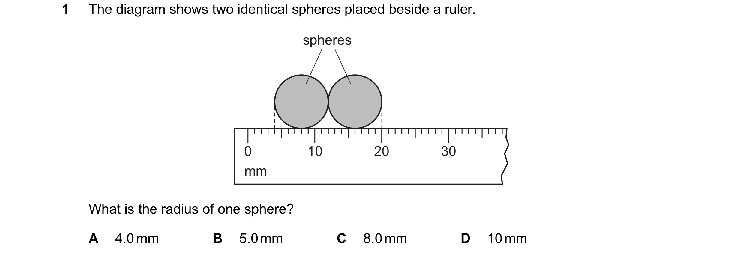Question 103: The diagram shows two identical spheres placed beside a ruler. spheres 0 10 20 30 mm What is the radius of one sphere? A 4.0 mm B 5.0 mm C …
