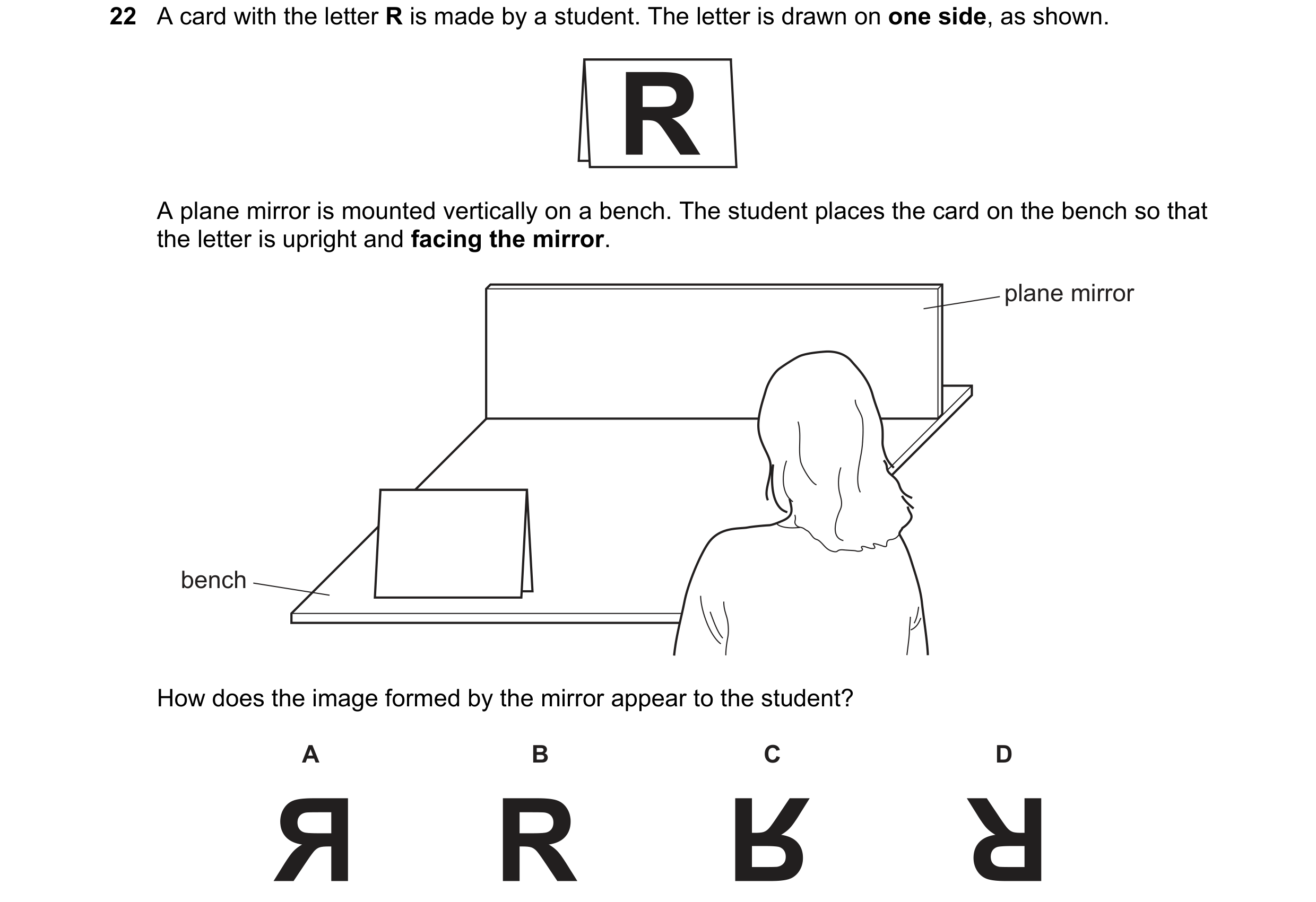 Question 100: A card with the letter R is made by a student. The letter is drawn on one side, as shown. A plane mirror is mounted vertically on a bench. …
