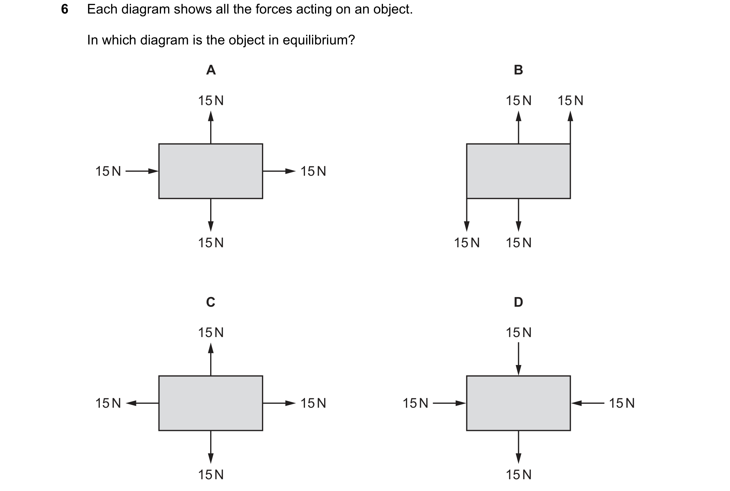 Question 139: Each diagram shows all the forces acting on an object. In which diagram is the object in equilibrium? A B 15 N 15 N 15 N 15 N 15 N 15 N 15 …