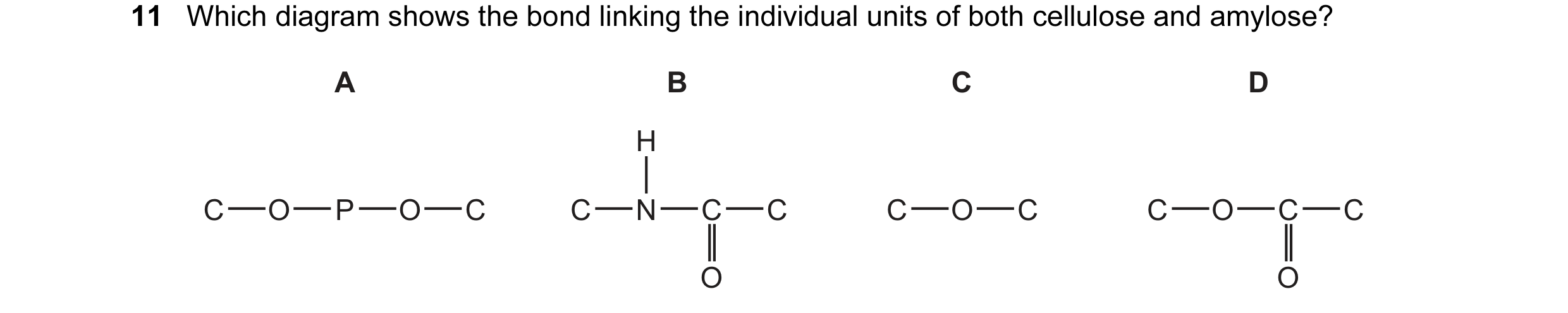 Question 35: Which diagram shows the bond linking the individual units of both cellulose and amylose? A B C D H C O P O C C N C C C O C C O C C O O