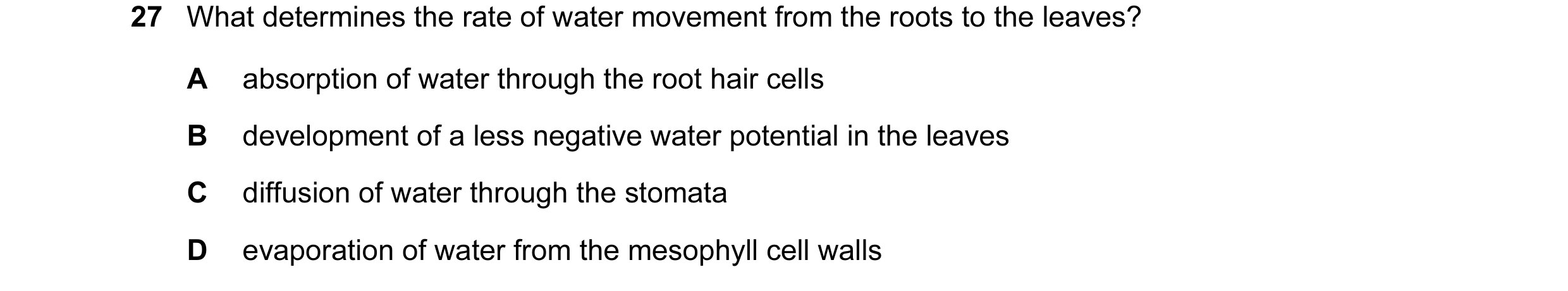 Question 25: What determines the rate of water movement from the roots to the leaves? A absorption of water through the root hair cells B development of…