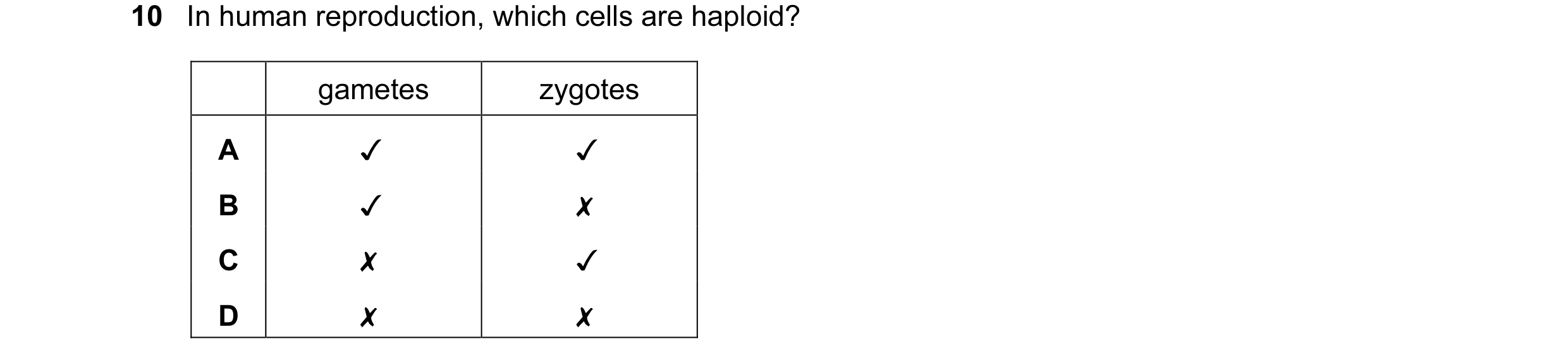 Question 34: In human reproduction, which cells are haploid?
gametes zygotes
v v
loom >
v x
x v
x x