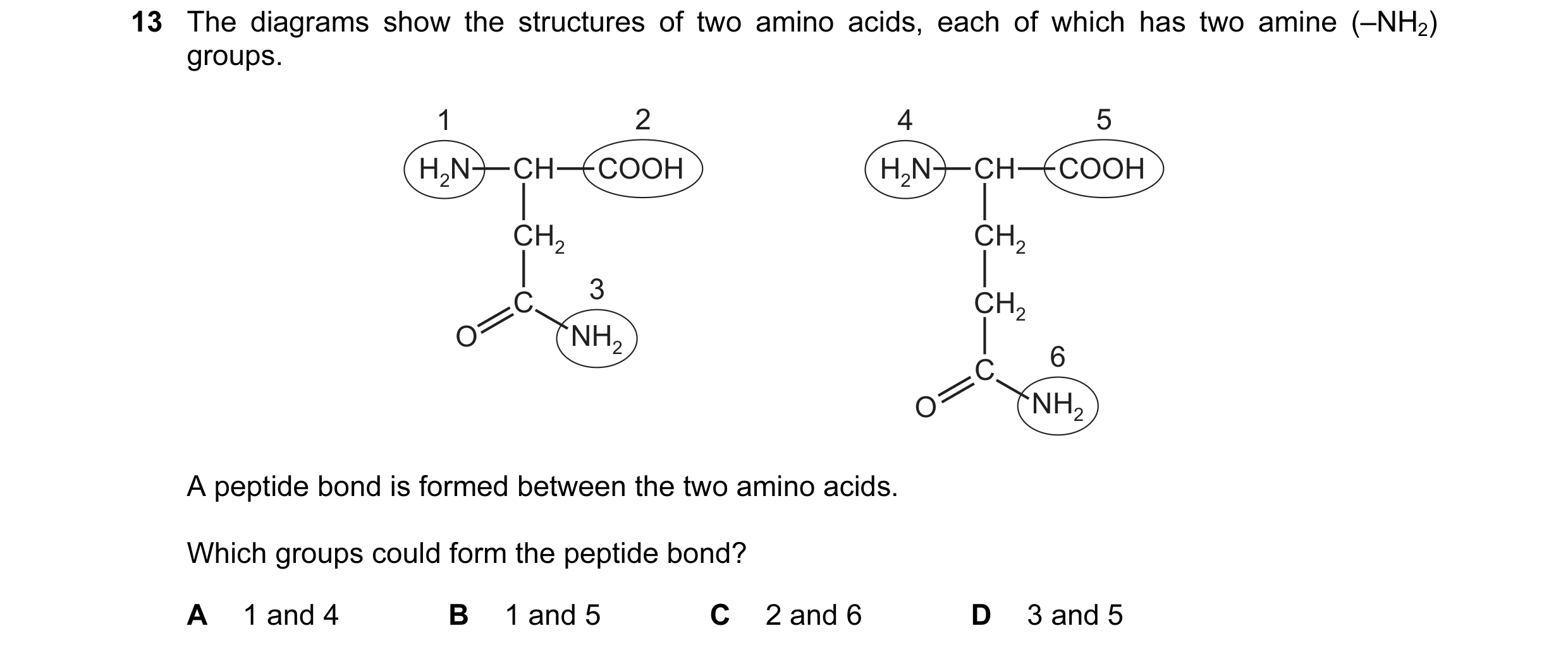 Question 115: The diagrams show the structures of two amino acids, each of which has two amine (–NH2) groups. 1 2 4 5 H2N CH COOH H2N CH COOH CH2 CH2 3 C…