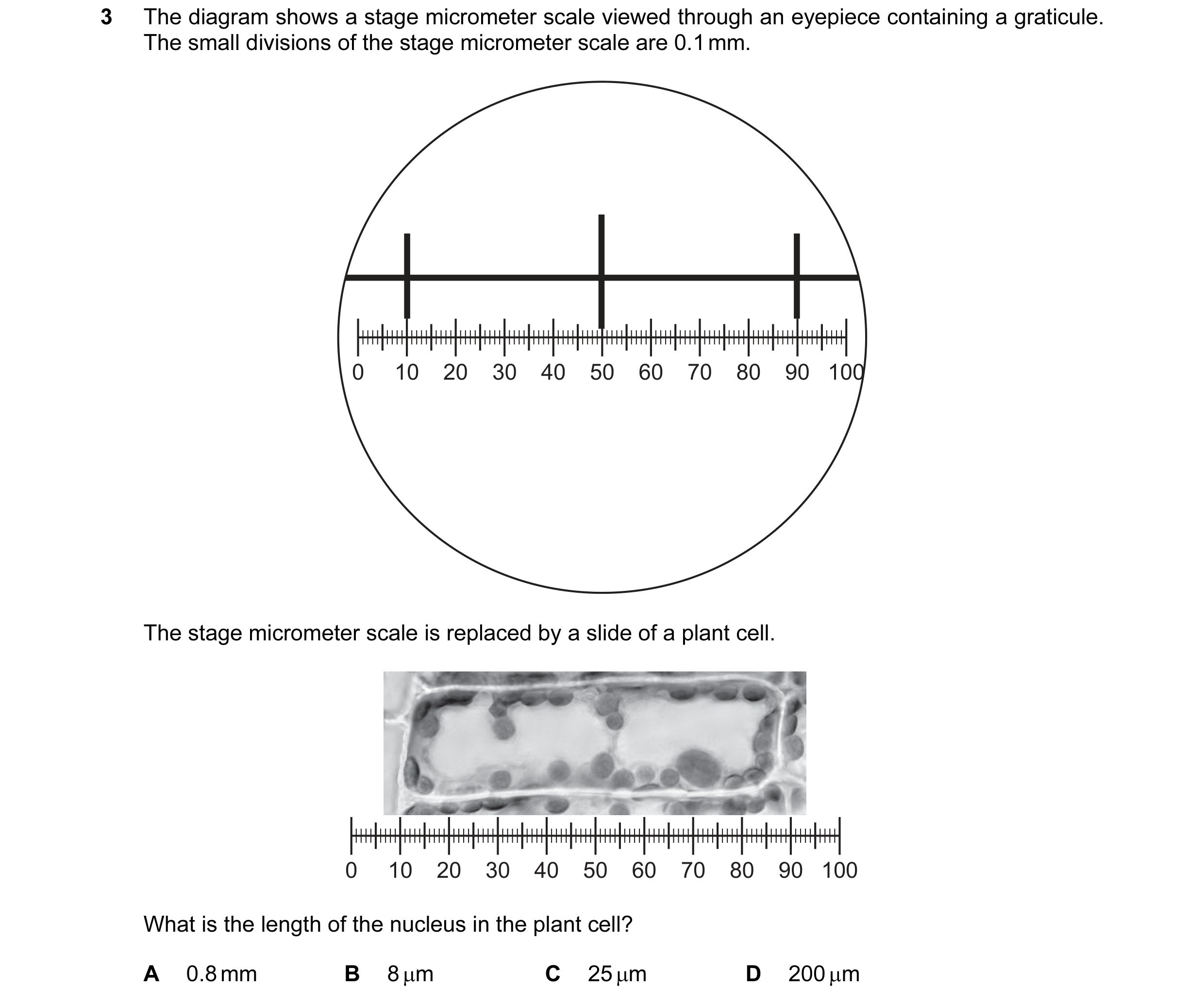 Question 99: The diagram shows a stage micrometer scale viewed through an eyepiece containing a graticule. The small divisions of the stage micrometer s…