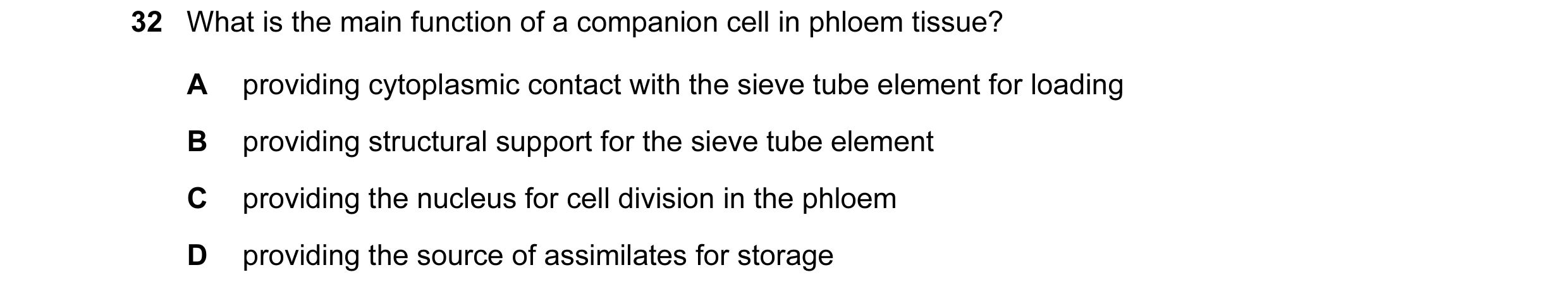 Question 155: What is the main function of a companion cell in phloem tissue? A providing cytoplasmic contact with the sieve tube element for loading B p…