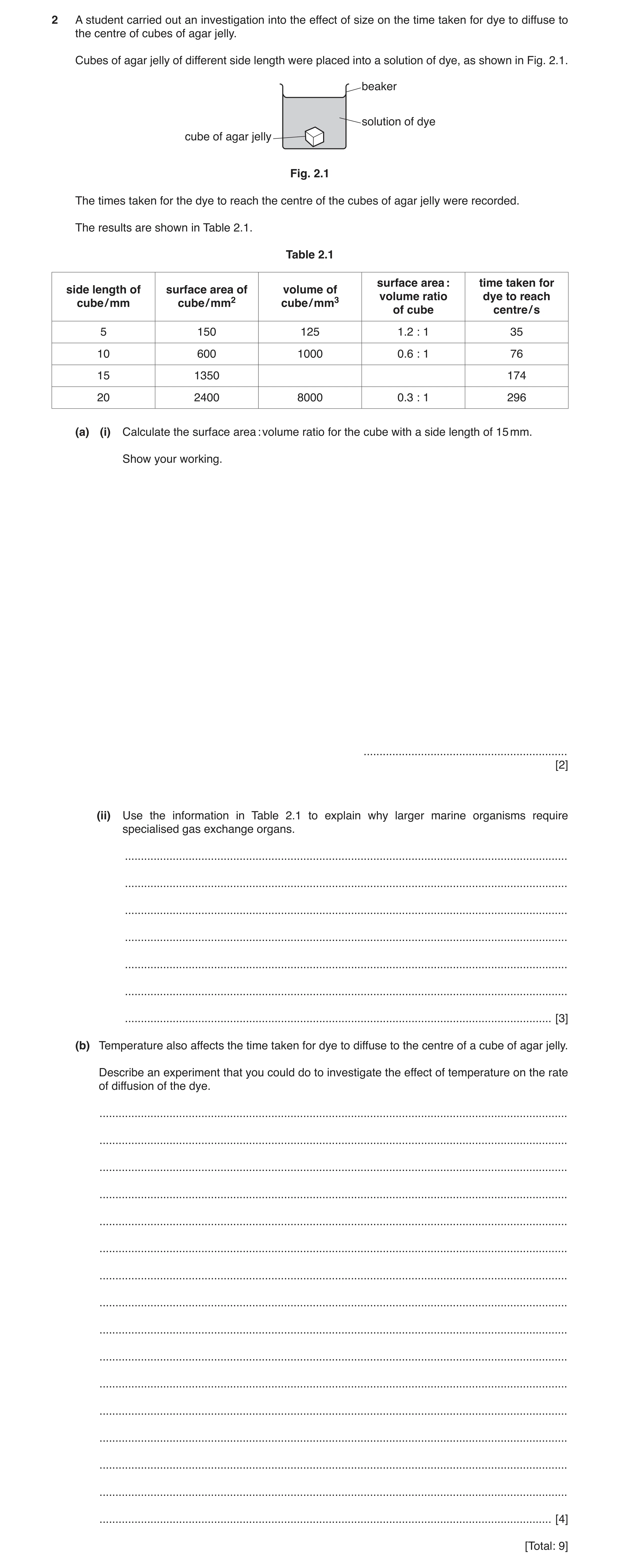 Question 2: A student carried out an investigation into the effect of size on the time taken for dye to diffuse to the centre of cubes of agar jelly. C…
