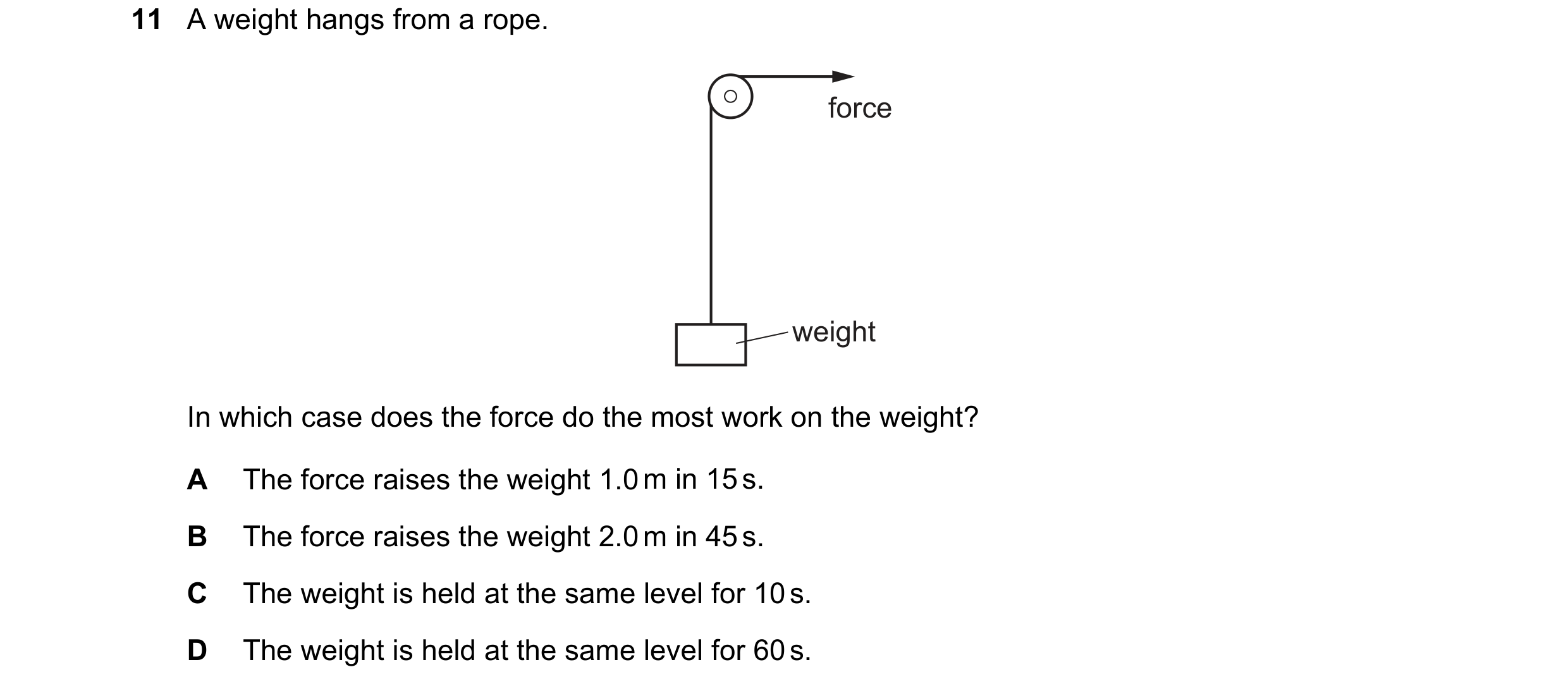 Question 150: A weight hangs from a rope. force weight In which case does the force do the most work on the weight? A The force raises the weight 1.0 m i…
